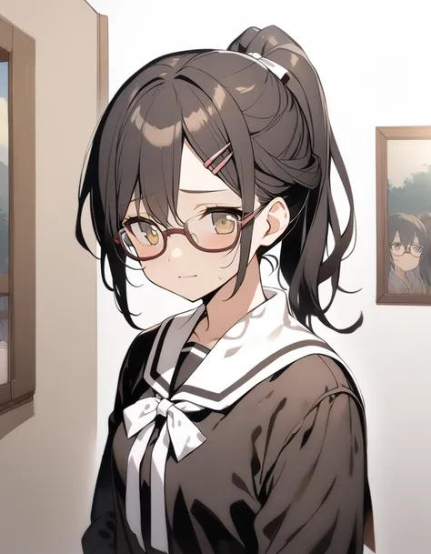 1 girl, bronze-black hair, 1 ponytail, white ribbon, pony, glasses, gloomy face, looks depressed, slightly damp face, wound being treated, yellow-black eyes, school closing, school skirt , 1 pink bracelet, hairpin on the left, thin body, class background, ...