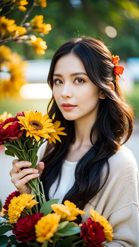 Red and yellow flowers that are as bright as the sun and cheer up those around them、A pretty 40-year-old woman with chocolate-colored bob hair and half-moon eyes holding a bouquet of colorful flowers, including orange.