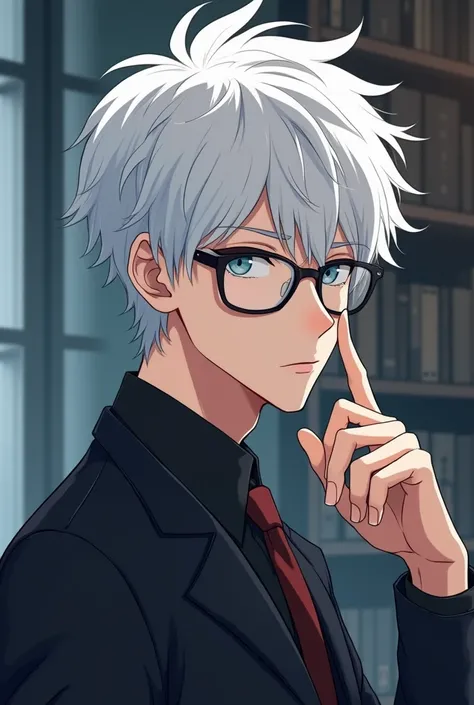 Male anime character wearing glasses with white hair 