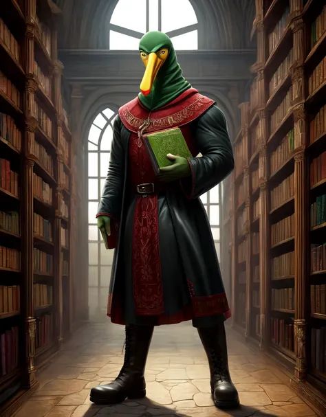 (photorealism1.2), thoth male anthropomorphic ibis, dark green skin, no hair, no horns, blue eyes, very tall, yellow beak, ibis head, massively robust wide muscular body, pectoral muscles: 3,8 muscles, blue with embroidery tunic, medieval coat, leather boo...