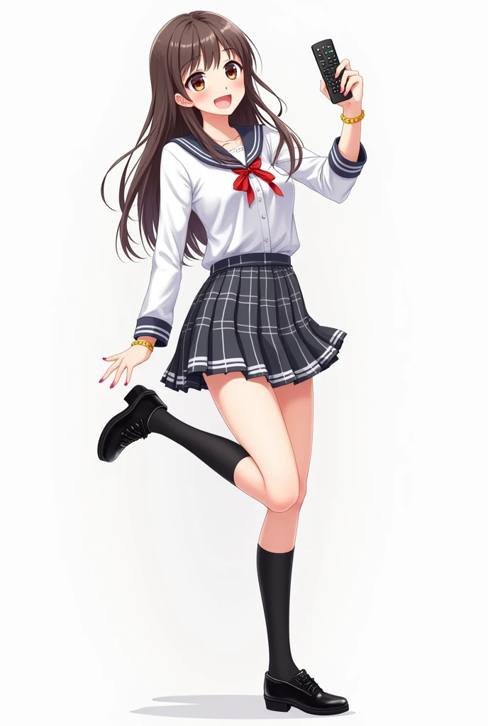 Anime teenage woman with pink nails and gold bracelet with schoolboy long sleeve white shirt and plaid tie in dark gray and white tones and pleated plaid skirt in combination of dark gray and white colors, following a uniform pattern and socks In black ,  ...