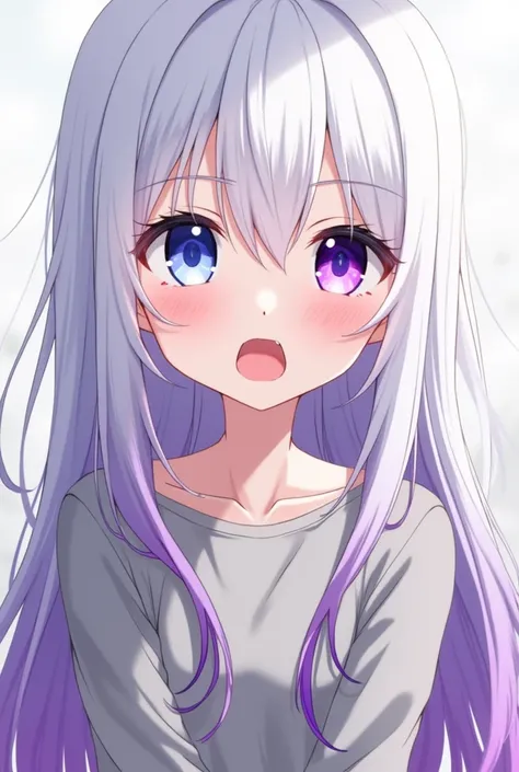  want anime girl , White hair, Purple tip ,  purple eye left ,  blue right eye ,  long-sleeved shirt, white gray , Open your mouth too.