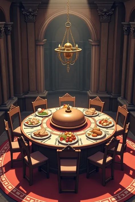  A bar room without people with a huge round table in the foreground, with a covered meal and 4 chairs arranged around. The Middle Ages with anime drawing, not realistic drawing 