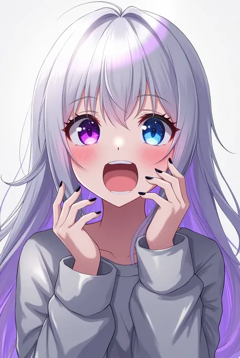  want anime girl , White hair, Purple tip ,  purple eye left ,  blue right eye ,  long-sleeved shirt, white gray , Open your mouth too.