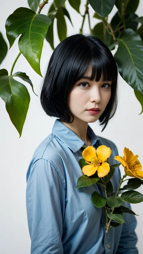 yxycolor,1 girl, alone, black hair, flower, white background, hair ornaments, hair flower, short hair, Upper body, bangs, looking at the viewer, simple background, leaf, bob cut, plant, shirt, blue shirt, blunt bangs, yellow flower, red lips, blue eyes