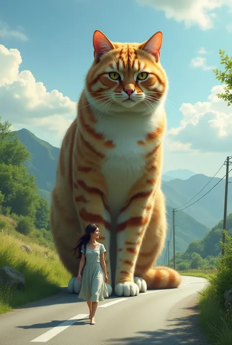 Create a realistic 4k high quality portrait of a very large cat that is bigger than a human body, walking with a beautiful woman who is smaller on the edge of the road.