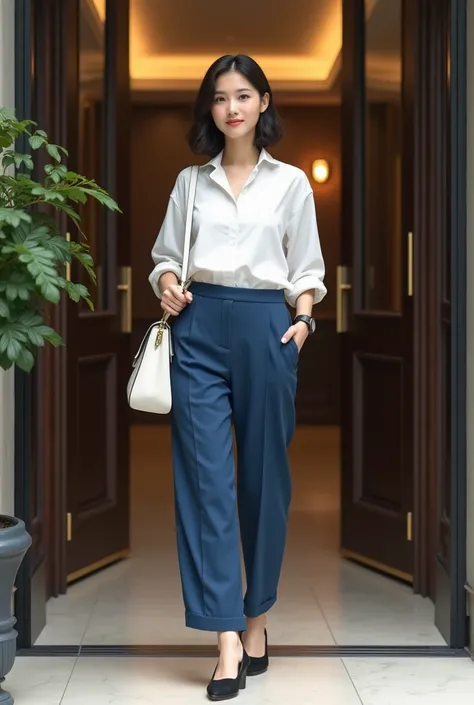 Jeune femme de teint claire est placé à l’entre d’un hôtel et vêtu comme suit : 
𝗧𝘂𝗻𝗶𝗾𝘂𝗲 𝗲𝗻 𝗰𝗼𝘁𝗼𝗻 blanc + 𝗣𝗮𝗻𝘁𝗮𝗹𝗼𝗻 𝘁𝗮𝗶𝗹𝗹𝗲 𝗵𝗮𝘂𝘁𝗲 bleu + 𝗖𝗵𝗮𝘂𝘀𝘀𝘂𝗿𝗲𝘀 𝗰𝗼𝗻𝗳𝗼𝗿𝘁𝗮𝗯𝗹𝗲𝘀 noir + 𝗦𝗮𝗰 𝗮̀ 𝗺𝗮𝗶𝗻 blanc + 𝗠𝗼𝗻𝘁𝗿𝗲 𝗲́𝗹𝗲́𝗴𝗮𝗻𝘁𝗲 noir 