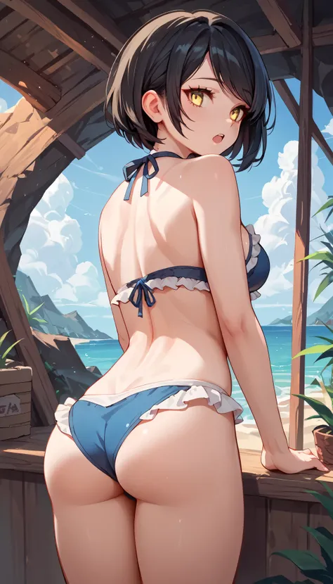 score_9_up, score_8_up, score_7_up, 1girl, solo, source_anime BREAK 

black hair, short hair, yellow eyes, swept bangs, emotionless eyes, medium breasts BREAK 

Frilled bikini BREAK 

Standing, from behind, looking back, open mouth, cute butt BREAK 

Rocks...