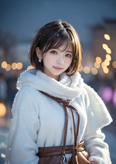 Fluffy scarf、 medium short hair 、Expression of white breath 、  Photo from waist up  、 lift up to night city lights 、 cowgirl shot 、 fur coats、豪華なブラウンのミンクの fur coats、 leather boots that are easy to wear 、Luxury Bags、 turtleneck with collar 、 Millionaire sty...