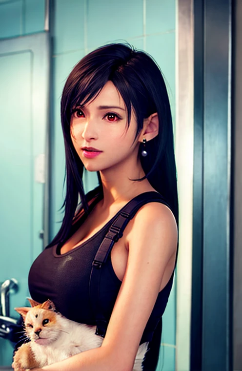 ff7r style,  Tifa Lockhart ,
 1 girl, Baby kitsune，Alone,  long hair,  earrings for a woman alone, gem, red eyes,  black hair,  viewers who can see through their bust, Realistic, Blur,  open lips, Blur background,  tank top in front of urinal, swept bangs,...