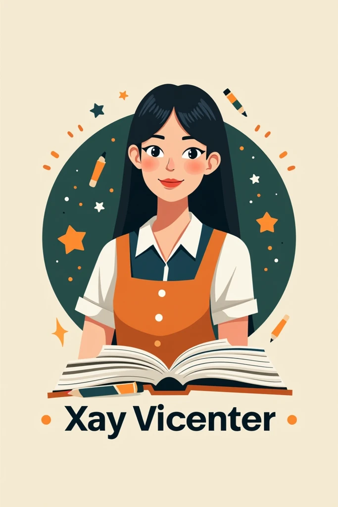  Create a logo for teacher ,  with an illustrative image of a teacher.  with the colors : navy blue,  dark green and burn wheel .  Also enter the name  "Tia Xay Vicente  " and books , pencil, squares ,  geometric shapes  