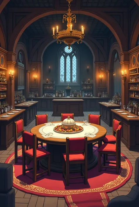  A bar room without people with a huge round table in the foreground, with a covered meal and 4 chairs arranged around. The Middle Ages with anime drawing, not realistic drawing 