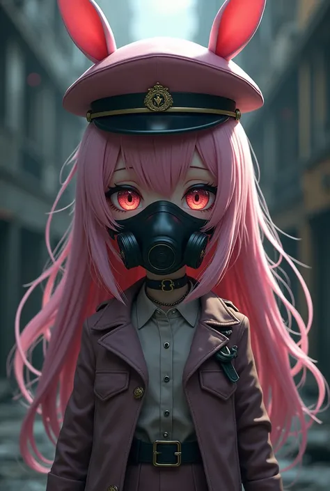  Anime girl with long pink horse rabbit ears, pink military hat and a black gas mask  