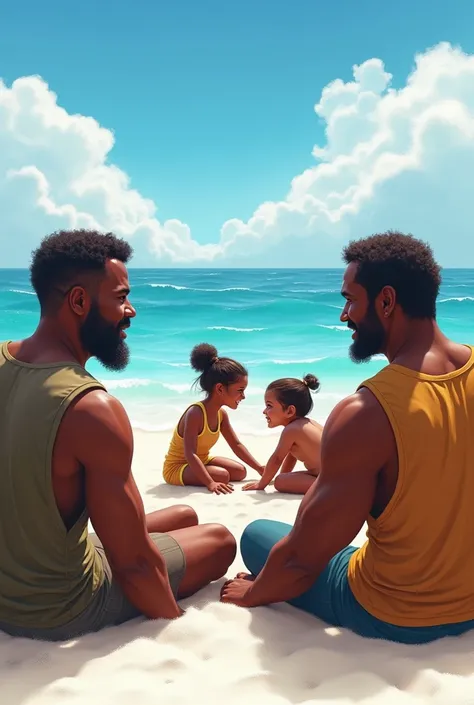 Two dark-skinned men sitting on a beach watching their wives play with babies