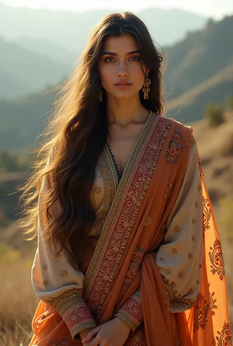 A beautiful Pakistani Pathan woman in her 20s with long realistic hair in shalwar kameez with dupatta full image with feet. Background of a scenic view