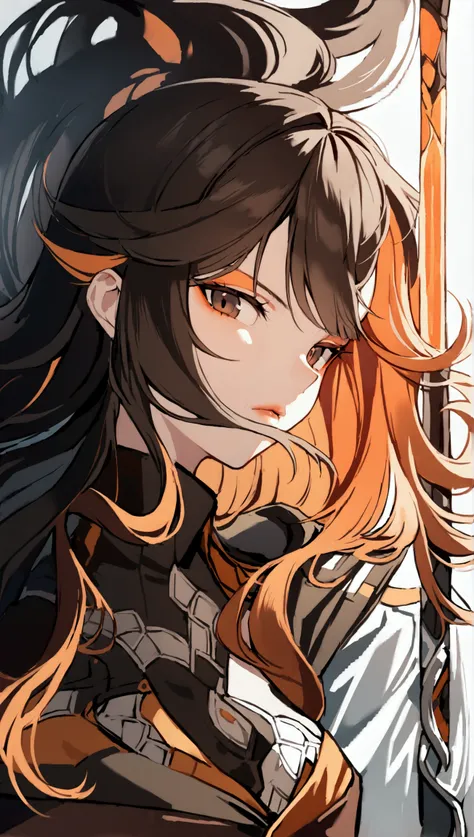 1 girl, Alone, fairly long curly loose hair of black to orange gradient color ,  looking at the viewer with a bite angle, Buste , badass , stylized badass gamer jacket in Brown, total brown background color , montrant une image de son buste allant de sa tê...