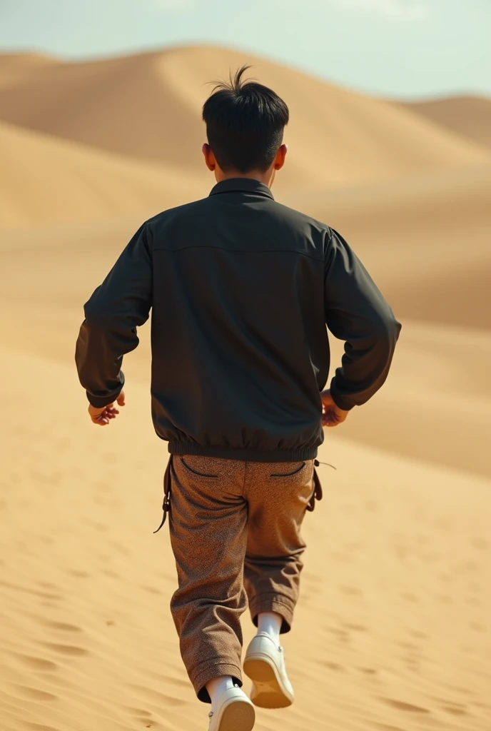 Real human. Photo, shotnfrom behind over the shoulder, an Indonesian   man, medium body,  short straight pixie black hair, white skin, medium body, wearing black jacket, brown batik motive  pant,  white shoes, running,   background  Sandy hills, Real human...