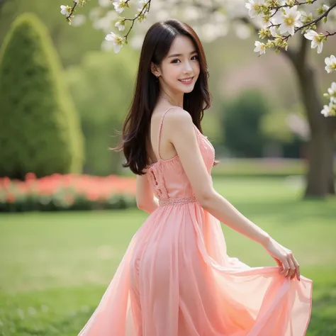 Generate a stunningly hyper-realistic photograph (close-up 2:3), capturing an East-Asian supermodel (full body shot) dancing with joy, her delicate movements making her flowing spring dress spin elegantly. Her sleek, jet-black hair cascades in soft waves, ...