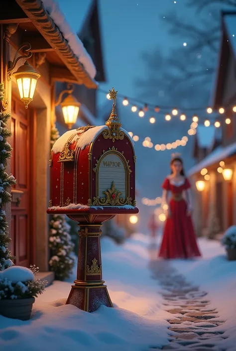 A small village illuminated by festive lights ,  with a mailbox decorated with golden crowns and stars .  A princess leaves her letter while Santa delivers gifts in the background.