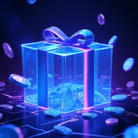 This is a gaming poster with a very rich background. It is a large translucent gift box made of glass. The box is reflected by blue and purple light and shadow and emits beautiful light. There are blue gold USDT coins everywhere in the background, and some...