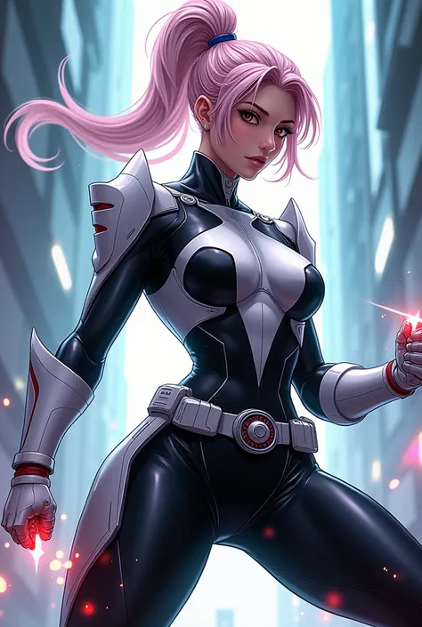 Create an image of a black power ranger white woman with light pink hair tied together and create it as if it were a drawing