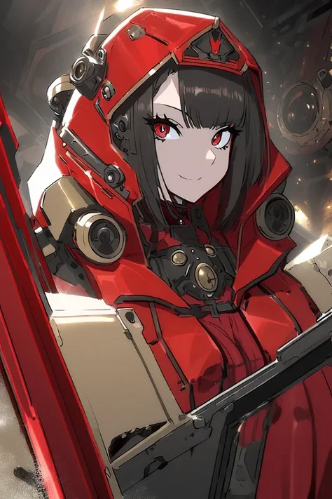 Adeptus Mechanicus techpriest female in red robes , With a short bob hair under her hood