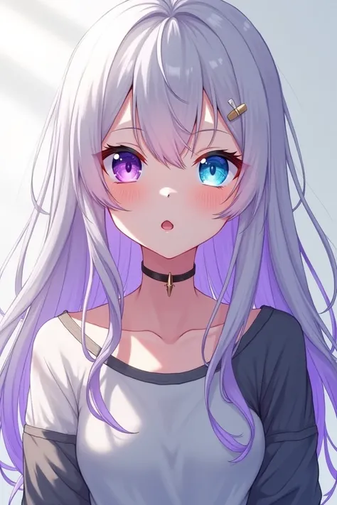  needs anime girls , White hair, Purple tip  ,  purple eye left  ,  blue right eye  ,  long sleeve shirt , white, gray  , Open your mouth