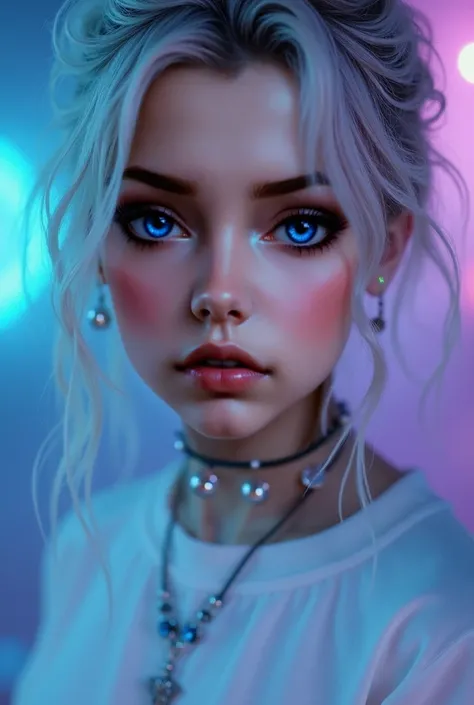 "Close-up of a breathtaking masterpiece:1.5], featuring a young woman with messy silver hair:1.1), xanthochromic heterochromia and blue eyes:1.2), and colored stars glowing in her eyes:1.0). She is wearing a stylish oversized white T-shirt with subtle stre...