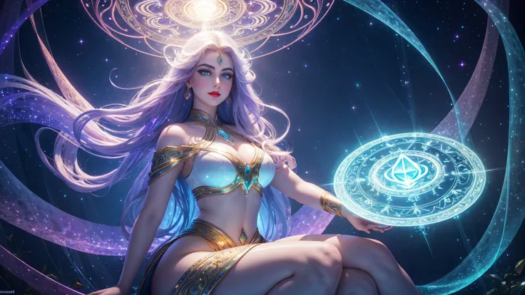 (masterpiece, best quality, expressive eyes, perfect face), (Heavenly Goddess sitting in magical control room, breathtakingly beautiful, hyper-realistic face, gorgeous), (curvy), emitting a halo of pure white light making everything glow, magical fire, arr...