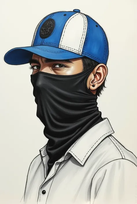 A drawing of a man with a cap on the back ,  the color on the back is blue on the front and white on the right side a circle with the letter b and a black cloth mask on his face and with a white blouse from Brazil the color of the character black