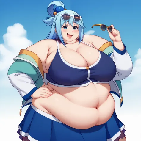 1girl, aqua_(konosuba), breasts, long_hair, solo, blue_eyes, eyewear_on_head, cleavage, sunglasses, smile, jacket, looking_at_viewer, large_breasts, open_mouth, blue_hair, bare_shoulders, hair_ornament, long_sleeves, open_clothes, off_shoulder, :d, open_ja...