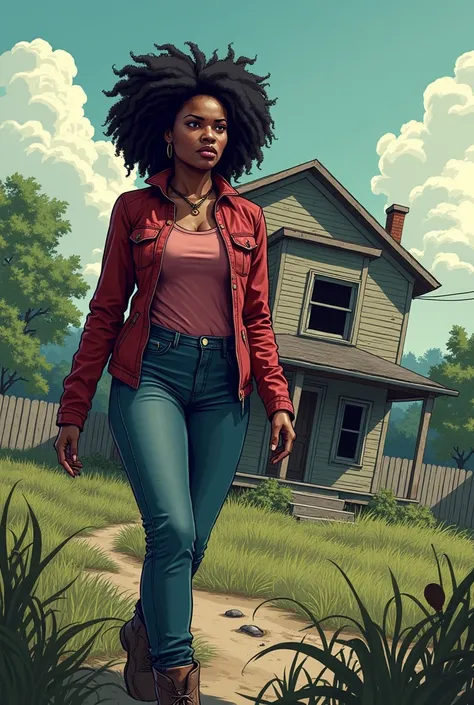 a black woman, 40 years old, full body, in the background a house, the zombie apocalypse thematic, comic drawing style, HD, without gun,without weapons, very detailed.