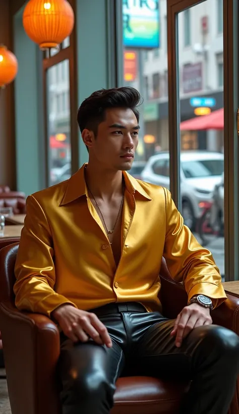 A handsome Asian man, about 18 years old, wearing golden satin clothes and shiny leather pants, sat on a chair in a cafe in Bangkok.