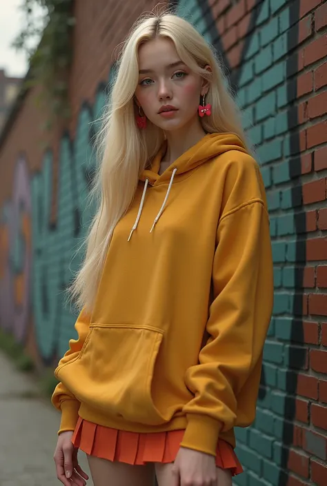 a young blonde woman, about 20 years old, with big expressive green eyes, short straight silky hair, pale skin, soft facial features, rosy lips, rosy cheeks, friendly look, big tits. she is wearing a yellow hooded sweatshirt, a orange pleated skirt, white ...