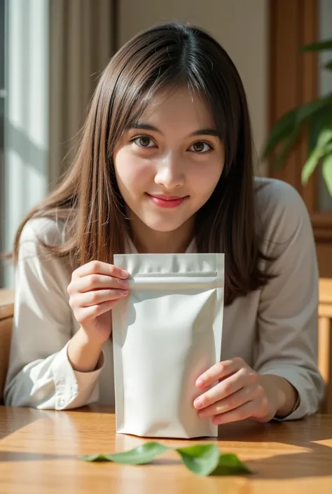 "Create a photorealistic mockup of a Japanese woman holding a smaller matte white ziplock stand-up tea pouch. The pouch should be about the size of her hand, appearing compact and portable. The woman has a gentle smile and wears a casual outfit that matche...