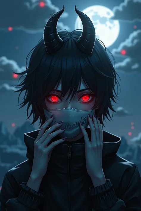 Half-demon teenager ,  under the moon with red pupils taking off a mask with one hand and the mask saying aureus