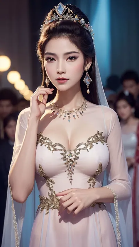 Inspired by the Empress of China  ， Elegant, masterpiece,   best quality ,   Home , ((aldult))，( Big Breasts)， (   Crystal Earrings  ，Radiance, )，(Very transparent Alexandroid colorful mesh nightdress， )， happy ,   watching the audience , (Precise、 Perfect...