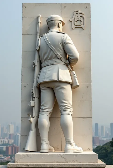  Hard-line relief art ，Tall relief art ，panoramic， Huge stone monument on the same marble pedestal ，Relief image of a person leaning together and looking to the right in the distance，A Chinese male soldier with a body-carrying rifle，uniform，Military cap，sh...