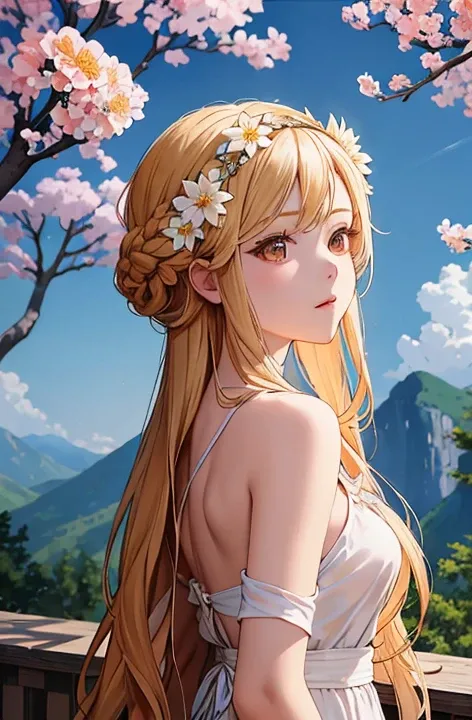  beautiful female with long hair , Baby kitsune， blond hair adorned with a flower crown ,
 Braid hair flowing down like a delicate thread,
(1.0, Its high definition ),
Alone:1,
雪景色Insideに位置する,
(Natural setting:1.3),
Giant Tree々and flowers in full bloom々Ins...