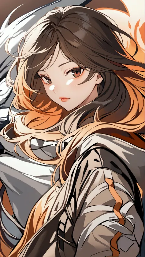 1 girl, Alone, fairly long curly loose hair of black to orange gradient color ,  looking at the viewer with a bite angle, Buste , badass , stylized badass gamer jacket in Brown,  brown background and environment, montrant une image de son buste allant de s...