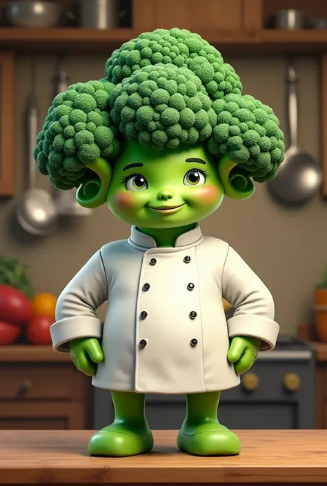 Broccoli in chefs shirt
