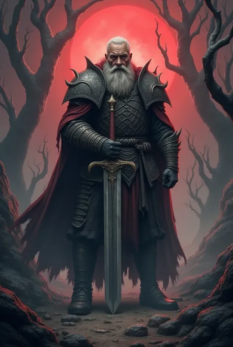 Making images of a 60 years old man with one big and brought sword on his hand in dark fantasy 