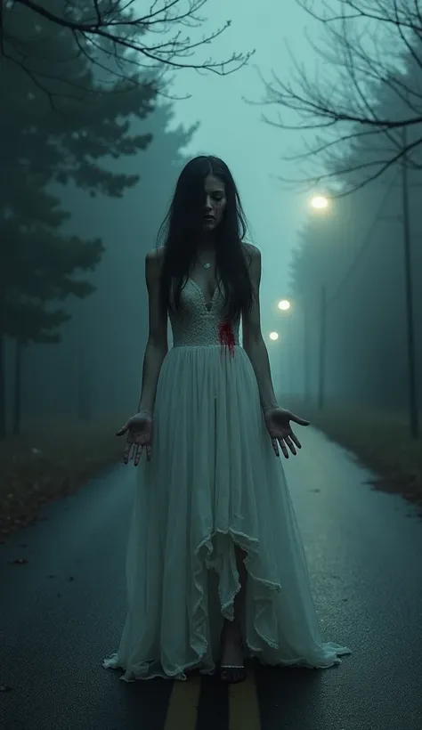 Sitting in black Side of trees Create a haunting image of a ghostly woman in a tattered, blood-streaked white wedding dress standing alone on a dark, foggy road. Her tear-streaked face shows sorrow, with blood dripping from her eyes. The eerie glow of a di...