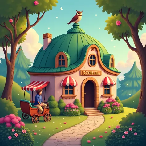 Create a whimsical, storybook-style illustration of a dome-shaped cottage with coral, lavender, and tan walls, and a domed emerald roof. Add oval windows with striped awnings, a leaning turret with a perched owl, and a quaint horse cart with checkered upho...