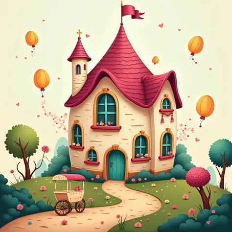 Create a whimsical, storybook-style illustration of a round, layered farmhouse with ruby, ivory, and mint walls, and a cone-shaped magenta roof. Add glittering windows with bead curtains, a quirky spire with a weathered flag, and a cream pushcart with rose...