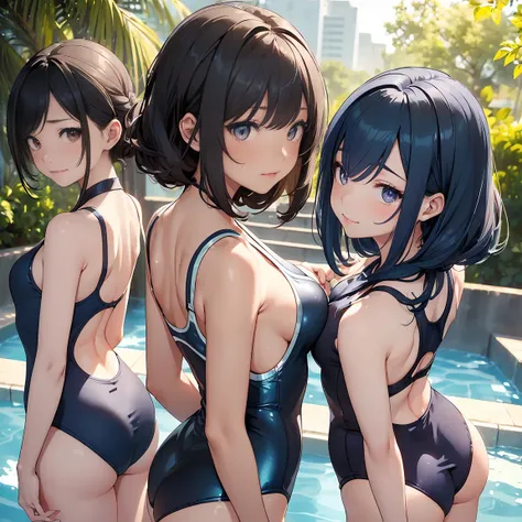 ((  best quality )), ((  Masterpiece )), (((Slippery) ((smooth))  dark blue school swimsuit with a smooth, shimmery texture in metallic tones、White piping line :1.3)), ( 3 girls with saggy eyes, public park), (high   Details eyes, wicked smile, :teeth, shi...