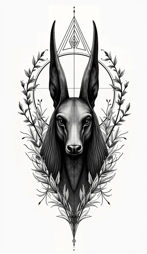 gere um anubis de frente com olho de horus na testa, preto e branco, piramides egipicias, sol, besouros, raminhos de plantas, traços, sprigs of delicate plants and geometric shapes , a triangle, Circle, straight line, modern european ink painting , precise...