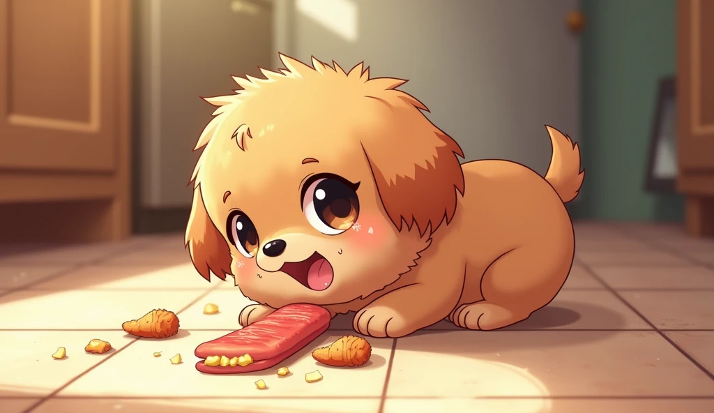 Anime, small brown puppy eating food leftovers on the floor 