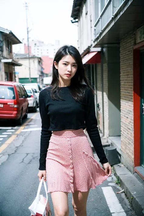  1 girl, Alone, Realistic, Thigh length,  black hair,  long hair,  standing, gem, lips, Books,  skirt,  Brown Eyes ,  viewers who can see through their bust、alley、Big explosion in the background