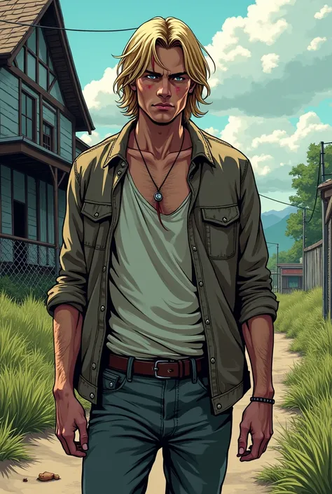 a blonde gringo man, 30 years old, full body, in the background a house, the zombie apocalypse thematic, comic drawing style, HD, without gun,without weapons, very detailed.